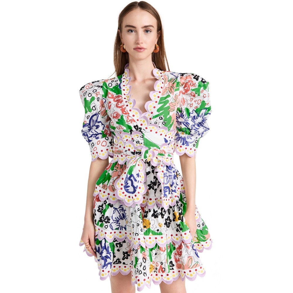 Celia B Celeste Scalloped Mini Dress XS Multicolor Abstract Floral Tiered Wrap‎